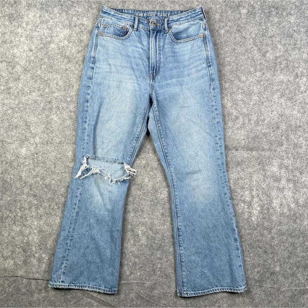American Eagle Highest Rise 90s Flare Jeans Size 6S Distressed Light Wash Jeans